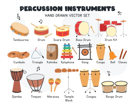 Percussion instruments vector set. Simple cute tambourine, drums, cymbals, conga, bongo, maracas, triangle, gong, kalimba percussion family musical instrument clipart cartoon style, hand drawn doodle