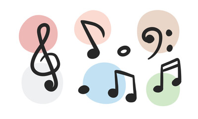 Vector set of musical notations with multiple decorative dots in the background. Treble clef, bass clef, eighth note, quaver, sixteenth note, semiquaver musical symbols vector cartoon hand drawn style