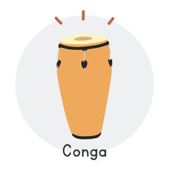 Conga clipart cartoon style. Simple cute brown wooden conga Cuban percussion musical instrument flat vector illustration. Percussion instrument conga hand drawn doodle style. Conga vector design