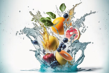 On a white background, an image of fresh fruit falling in water is shown. Generative AI