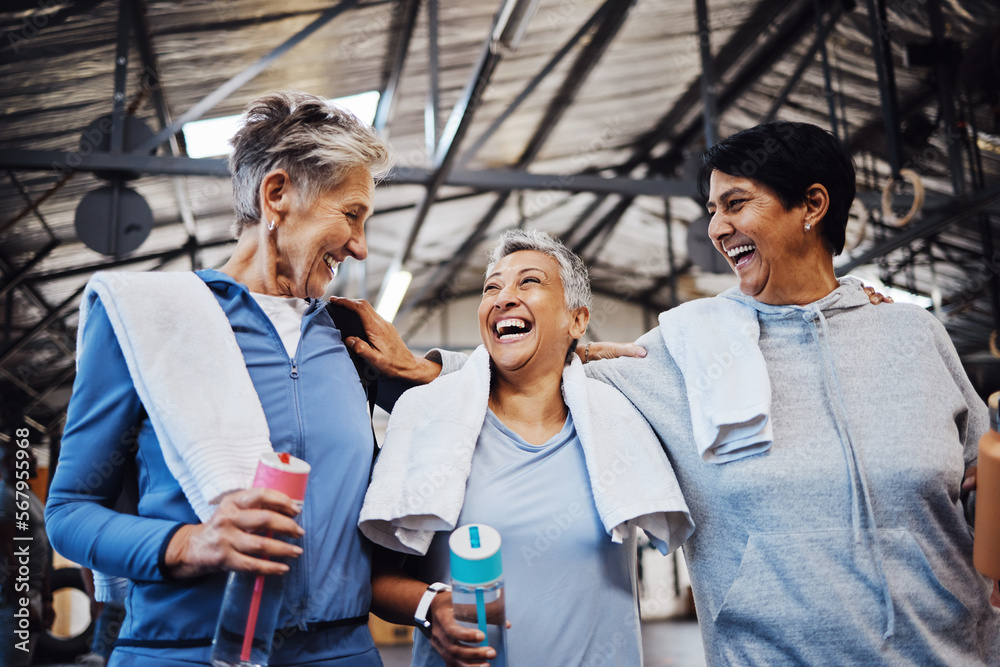 Wall mural Sports, fitness and health with senior women for training, support and motivation. Retirement, wellness and exercise with group of friends in gym center for workout, cardio and happiness together