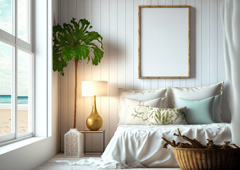 Interior of a comfortable, tropical bedroom mockup in white, in the coastal style. Generative AI