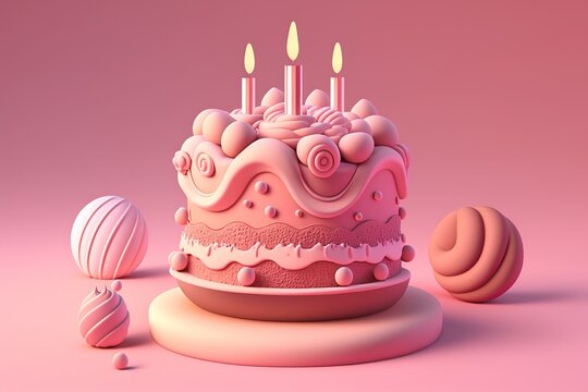 3D Birthday cake icon set with candles and decorations. Generative Ai art. Cartoon cake illustration