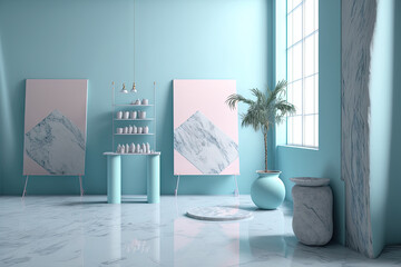beautiful view of a studio space with a light marble floor and a pastel blue concrete wall used to display show merchandise. Generative AI