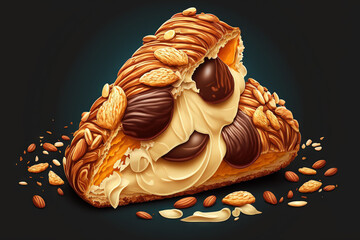 Close up of a delicious freshly baked croissant with sliced almonds and chocolate filling. Generative AI