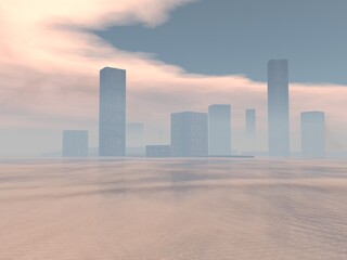 幻想的な都市と海