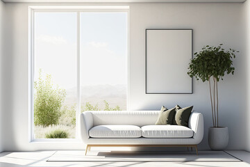 Beautiful modern room interior. bright and tidy style. A sofa next to a huge window with a wall in the backdrop. Generative AI