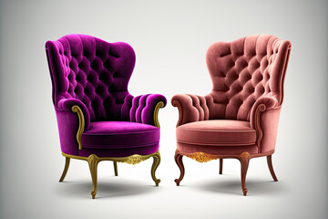 On a white background, two traditional armchairs in pink and violet velvet with wooden legs are isolated. many furniture types. Generative AI