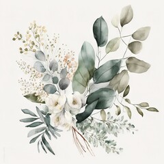 Fototapeta na wymiar Elegant White Flower Bouquet Watercolor Illustration 2. Generative AI.