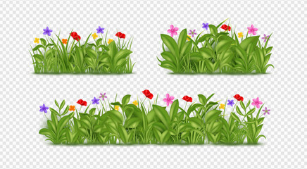 3d grass garden, park flowers set. Realistic spring clover or lavender field, green lawn, outdoor plants. Botanical border, herbal park landscape isolated 3d elements. Vector illustration