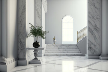 Clean interior with marble decorations, empty space without people. 3D Illustration. Generative AI