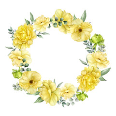 beautiful blooming yellow flower and greenery leaves floral wreath