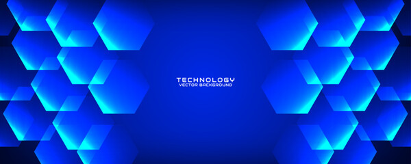 3D blue techno abstract background overlap layer on dark space with hexagons effect decoration. Graphic design element cutout style concept for banner, flyer, card, brochure cover, or landing page