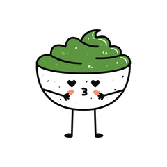 Kawaii sushi mascot in cartoon style. Cute wasabi bowl for menu