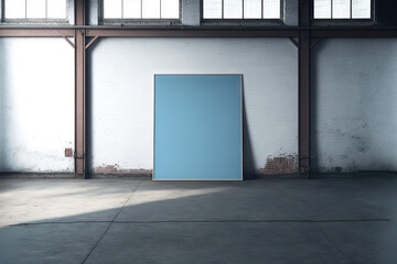 Front picture of a blank poster within a blue warehouse. Gallery idea. a mockup. Generative AI