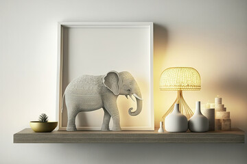 Decorative shelf, table lamp against white wall, elephant figurine, Turkish or oriental light,. Generative AI