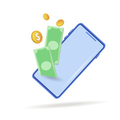 Earn and spend money using your smartphone. 3d vector illustration, on a white background.