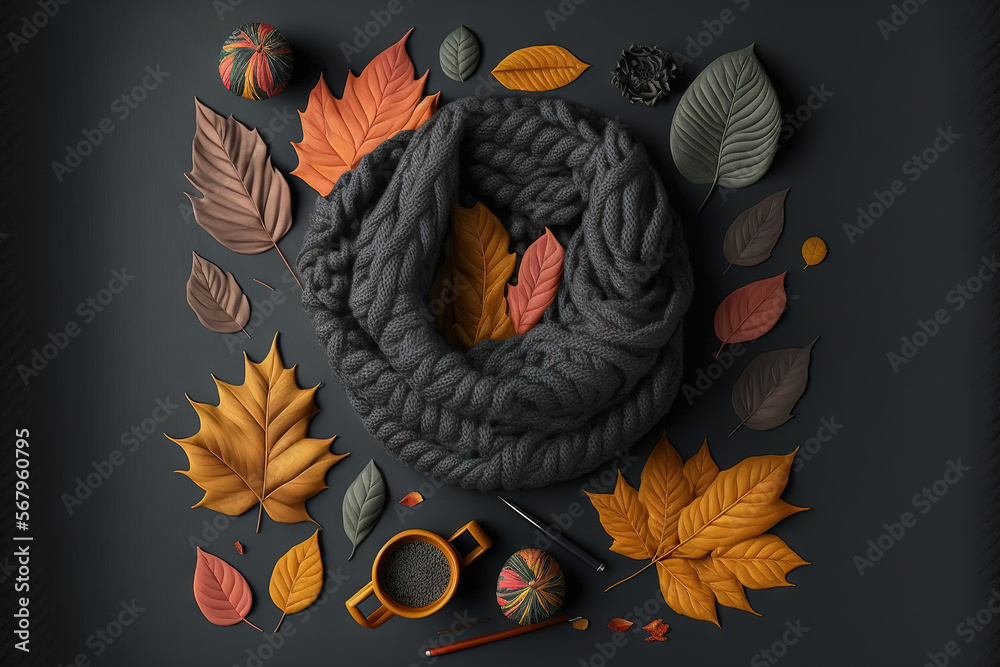 Canvas Prints Arrangement for autumn Fallen leaves and a knitted scarf on a dark gray backdrop Hello, Autumn! Cozy setting Flat lay, anime style copy space. Generative AI