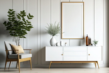 White wall background with decoration on a wooden sideboard. mock up of a living room. Generative AI