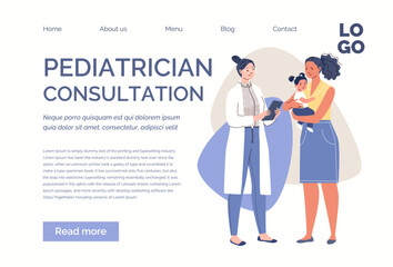Family healthcare concept. Mother and child being examined by pediatrician. Doctor advises patients. Vector characters flat cartoon illustration. Web template, landing page, website.