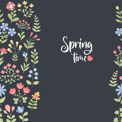 Spring time. Floral seamless pattern. Decorative flowers on black background. Vector illustration in flat style. Floral endless background for design, banners, cards, decor, packaging.