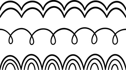 Doodle scalloped edge seamless brush stroke. Hand drawn scalloped border. Fabric laces silhouette. Repeat cute vintage frill ornament. Texture ribbon. Vector illustration isolated on white background.