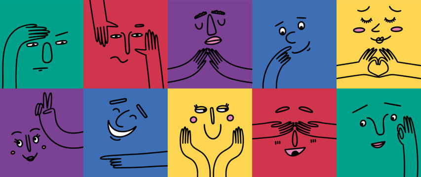 Naklejka Funny face characters, creative doodles. Color human, abstract people smile, fun diverse emotions, positive mood. Square cards with people portrait, various hand gestures. Vector cartoon concept