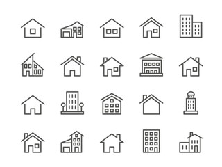 House line signs. Casa loan simple icons. Real estate. Cabin property. Cottage or apartments. Roof and windows. Residential buildings. Mansion symbols. Vector outline pictograms set