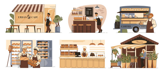 Business owners, vendor set, restaurant and cafe, flovers store and bakery. Barista man in apron on counter, pasty or food shop. Local marketplace stalls, vector cartoon flat concept