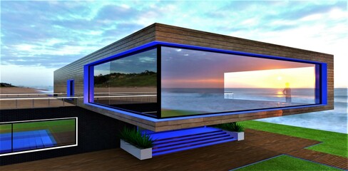 Translucent sun visible through the panoramic windows with illuminated blue frames of the elite futuristic cottage constructed on the beach. 3d rendering.