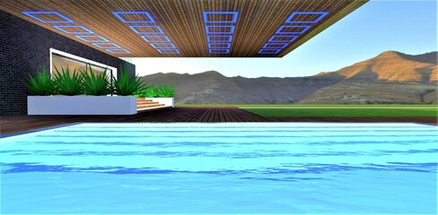 View of the mountains landscape from the pool with blue glowing water and translucent steps to the porch of the exclusive house constructed in a distant region. 3d rendering.