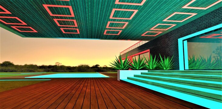 Decking in front of the porch with turquoise glowing steps. View of the pool against the early morning sky. 3d rendering.