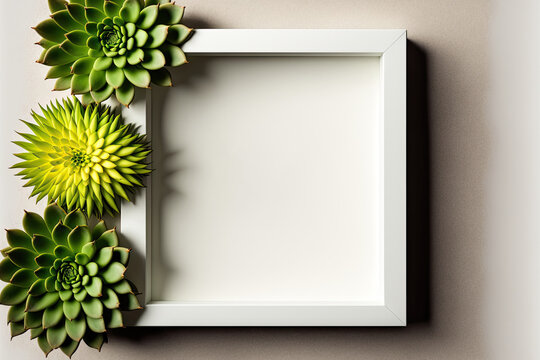 Image for mock up with white frame decorated by succulents. Generative AI