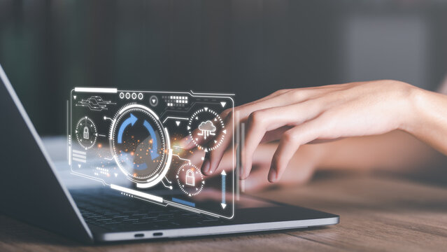 Software upgrade and update concept, Optimization in the new version and improve security, hardware upgrade technology always up to date, Man update new system through a virtual screen