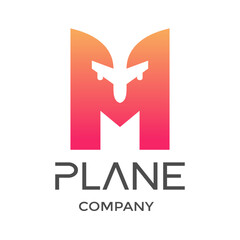 Letter M with plane vector logo. This design is modern and suitable for travel and transportation.