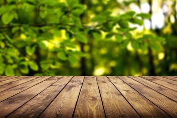 Wooden board table on nature background.