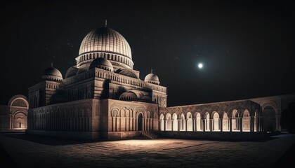 Obraz premium Ancient mosque in the desert with star milky way in the sky. Generative AI