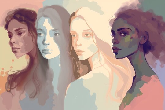 Group of women drawing on the pastel color background. Generate AI
