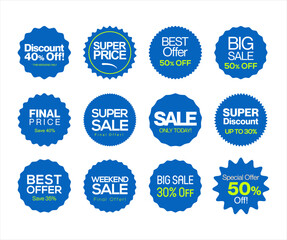Collection of blue super sale and premium quality badge stickers and tags 