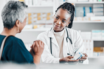 Help, medicine or old woman consulting with a pharmacist for retail healthcare treatment information. Questions, trust or doctor helping a sick senior person shopping for pills or medical drugs