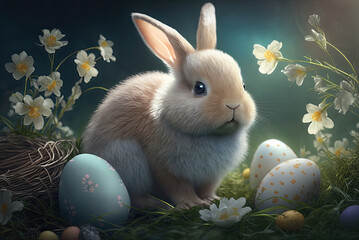 Easter bunny with eggs. Easter festive season. generative AI