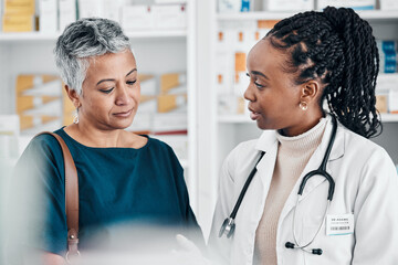 Questions, pharmacy or old woman consulting with a pharmacist for retail healthcare information. Medicine, trust or doctor helping a sick senior person shopping for medication, pills or medical drugs