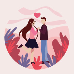 Young man and woman holding pieces of heart that is matching. Love couple match. Valentine's day. Soulmate. Heart jigsaw. Date or blind date. Flat vector illustration character
