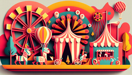 Kiddie Carnival Illustration in papercut style. Vector illustration background. Generative AI