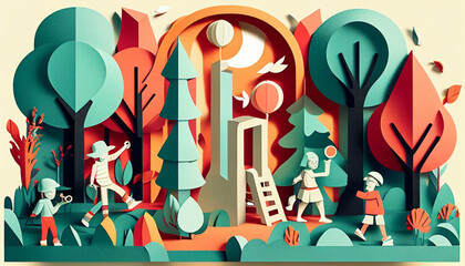 Obraz na płótnie Canvas Bright and Cheerful Kids in Playground in papercut style. Vector illustration background. Generative AI