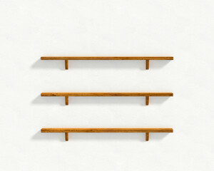 The white wall and three wooden shelves.