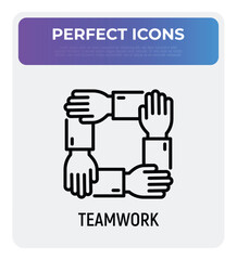 Teamwork, unity, trust and corporate partnership. Thin line icon. Four hands holding each other by wrist. Modern vector illustration.
