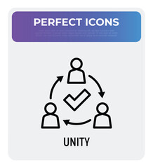 Unity thin line icon. Successful communication employees. Teamwork, collaboration. Circle of people with check mark. Modern vector illustration.