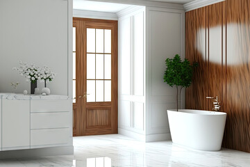 Mock up of an interior side view of a bathroom with a white tub, a wooden cupboard, and a white wall. Generative AI