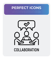 Collaboration, teamwork thin line icon: people at brainstorm. Successful communication. Modern vector illustration.